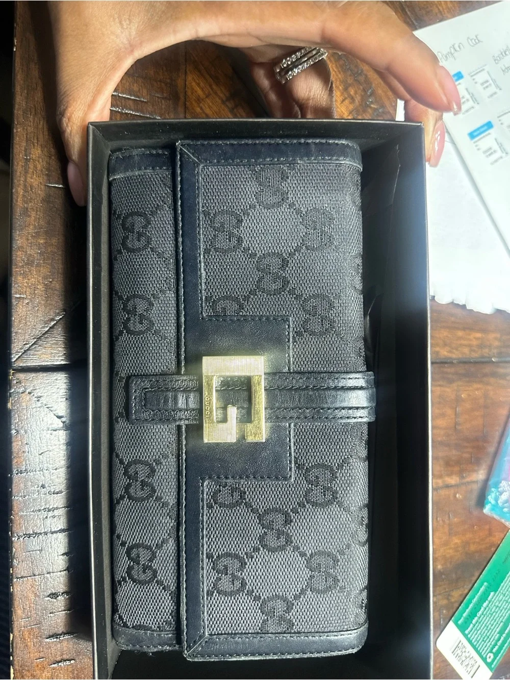 Gucci Black Canvas Wallet with Gold-Tone GG Buckle - Picture 7 of 9